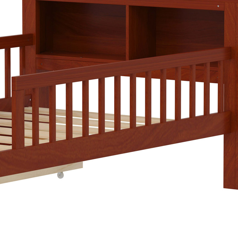 Lit simple en noyer avec support de tête de lit, 2 tiroirs sous le lit et garde-corps de sécurité à trois côtés, Noyer