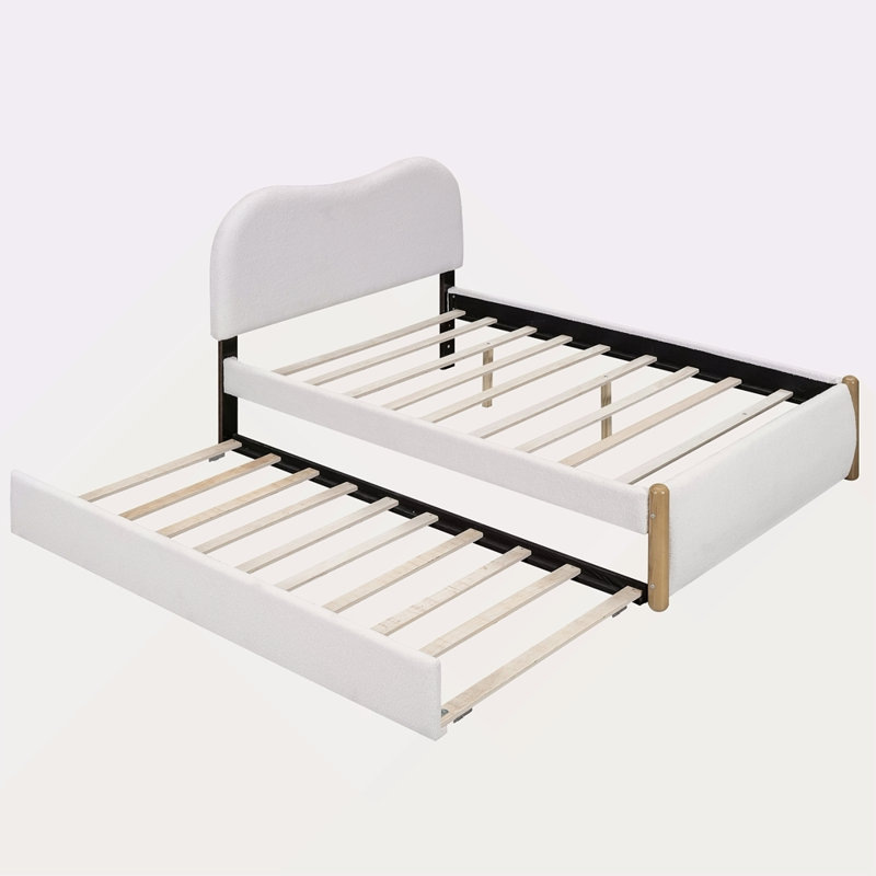 Lit plateforme tapissier avec pieds et gigogne en bois, Blanc, Lit double