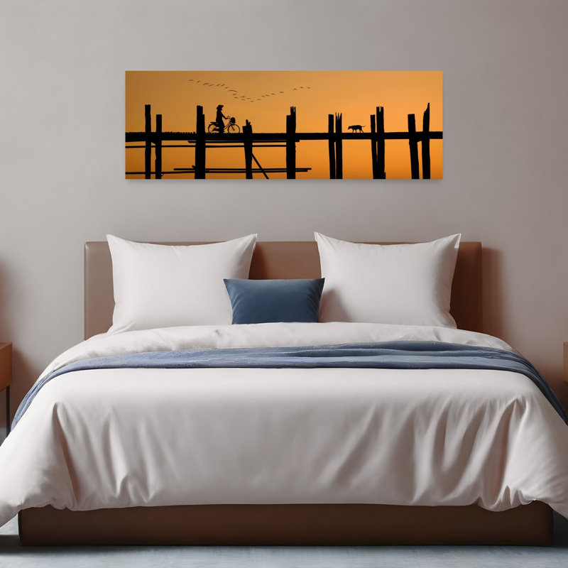 «Golden Hour Bridge Ride Peaceful Serene Tranquil Bird Dog Nature Sunrise», art mural, H 16 po x l 48 po