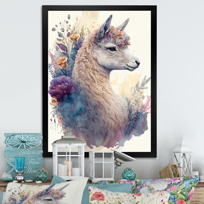 «Cute Llama Floral III», impression sur toile, Cadre photo noir, H 32 po x l 24 po x P 1 po