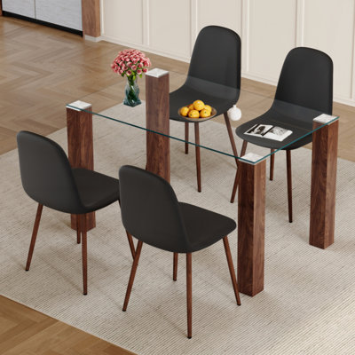 Table and chair set.A 49.6*30 Inch Transparent Tempered Glass Dining Table With Rectangular Natural Wood Grain MDF Legs.Paired With 4 Linen Material High Resilience Dining Chair with Metal Leg