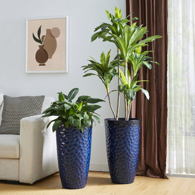 23.75"H Set Of 2 Oversized Eco-Friendly PP And Stone Honeycomb Textured Green Tall Plastic Planter