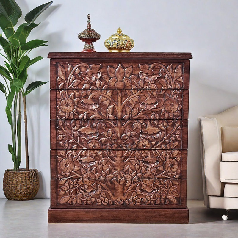 Commode d'appoint 5 tiroirs sculptée à la main en bois massif