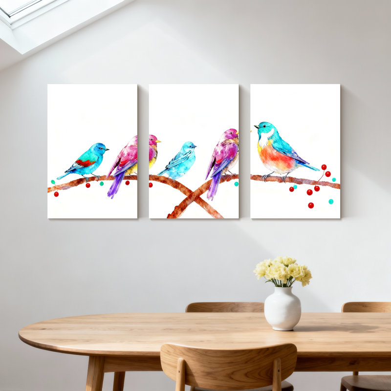 «Birds Colorful Birds On Branch», ensemble de 3 impressions sur toile, H 18 po x l 36 po