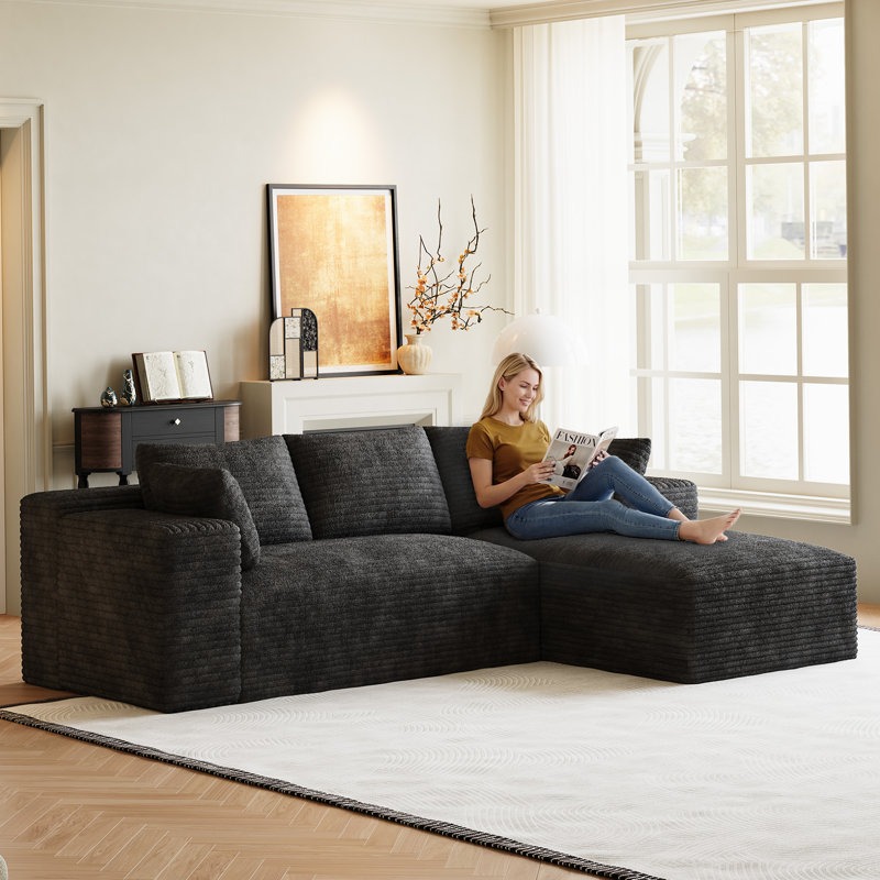 Freely Movable Modular Boneless Sectional Sofa Corduroy Couch For Living Room, Dark Gray Corduroy, Right Hand Facing  