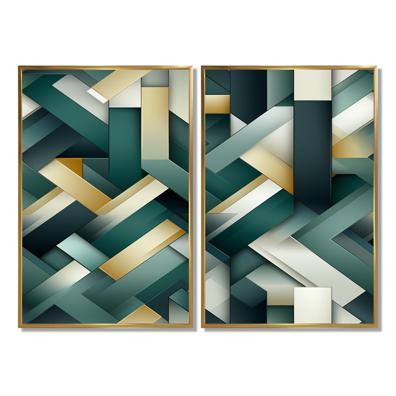 Motif géométrique vert et doré - 2 reproductions d'art moderne sur toile, 36" H x 48" W, Impression encadrée flottante, Gold