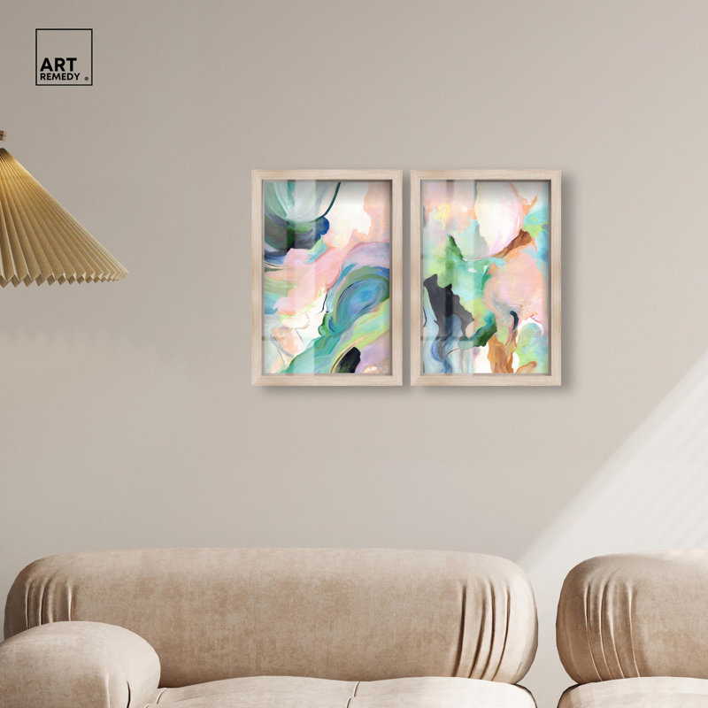 Ensemble de décoration murale moderne Dreamer Blue Serenity pair Shadowbox Print par Art Remedy, cadre blond, 10 x 15