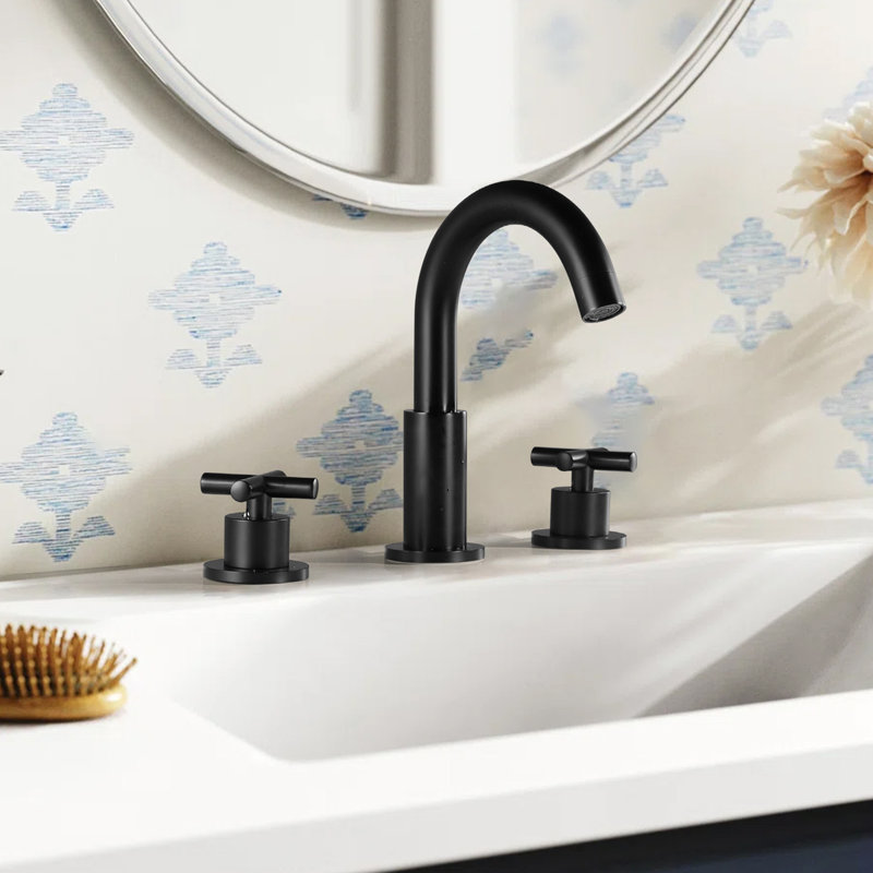 Widespread Pillar Tap Bathroom Sink Faucets with Cross Knob Handle & Drain Assembly, Matte Black, Matte Black