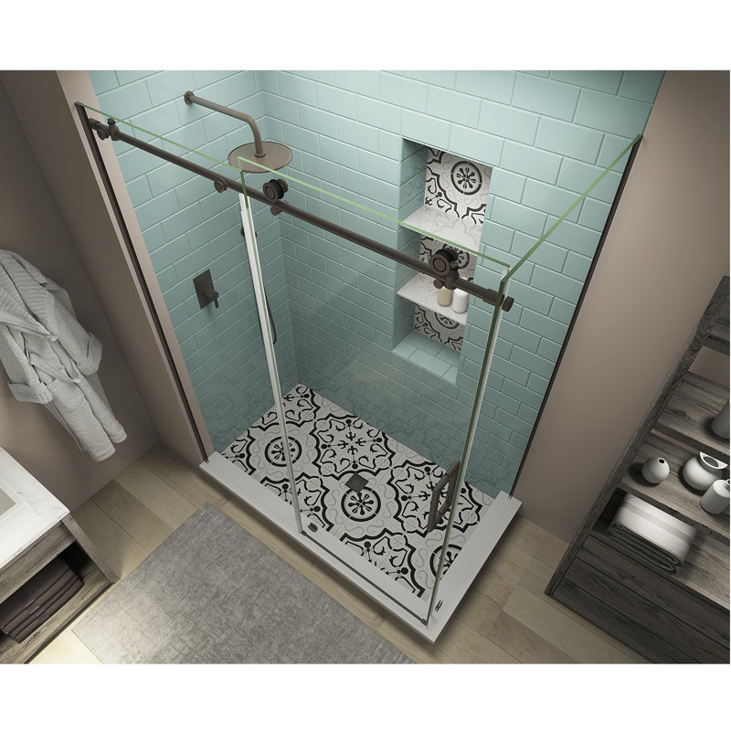 Coraline XL 56" W x 80" H Frameless Rectangle Sliding Shower Enclosure with Fixed Panel, Right, Bronze