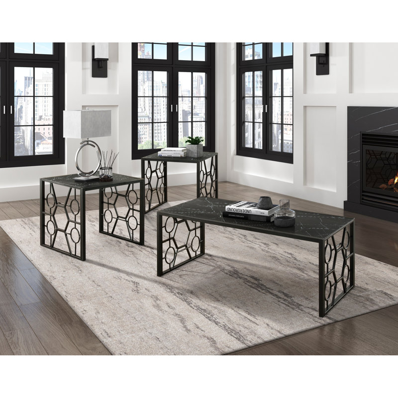 3 tables d'appoint au design moderne: verre trempé à imprimé marbré et métal Style: structure à imprimé marbré