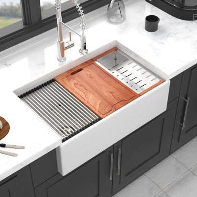 33 Inch White Double Bowl Kitchen Sink With Workstation Design, Extreme Resistance To Discoloration, Easy Clean Soap, Comes Essential Items 33" Ceramic Apron Farm Function, High - Strength Material