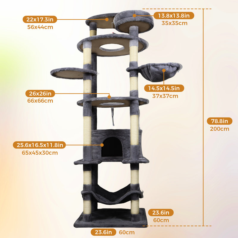 78 - Inch Feline Play Structure In Dark Grey With Stable Base, Scratching Areas, And Multiple Levels For Exploration Cat Tower Big , Condos, Toppling Fittings