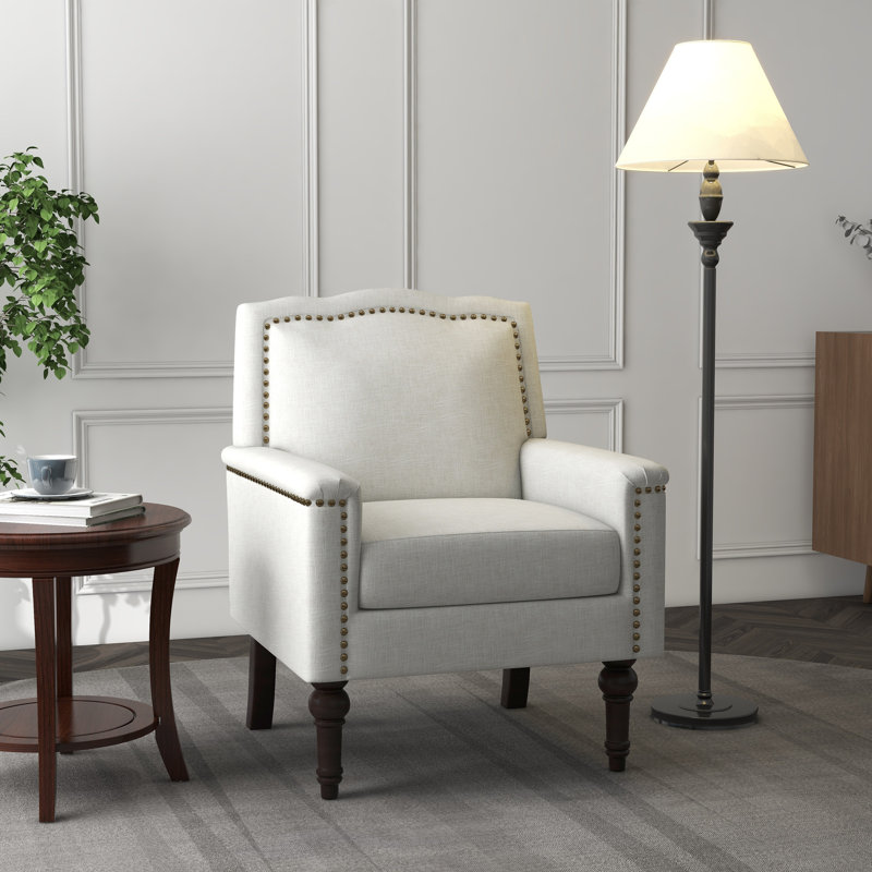Upholstered Linen Cotton Armchair, Beige 100% Linen