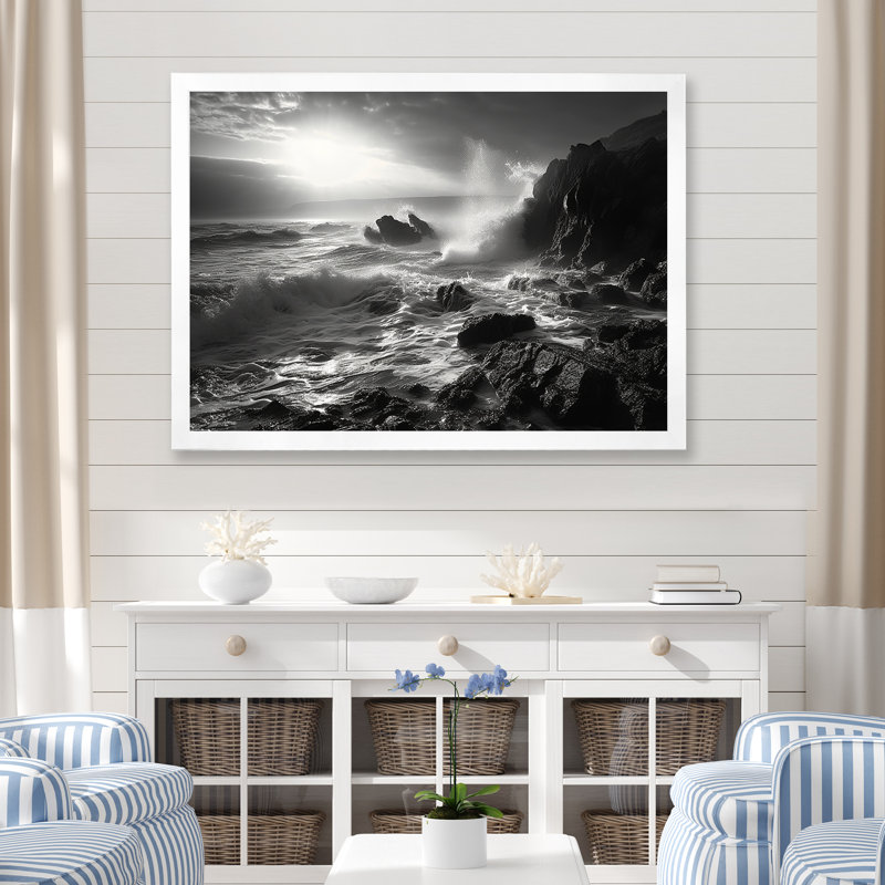Paysage de plage rocheuse sur toile, Cadre simple blanc, H 34 po x l 44 po x P 1,5 po