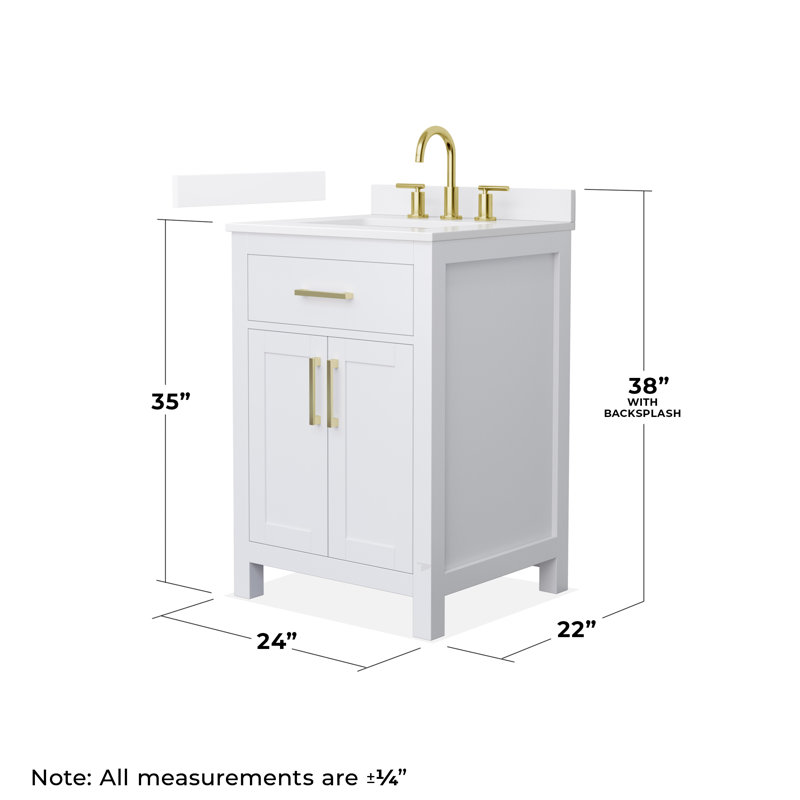 Beckett 24" Freestanding Single Bathroom Vanity with Quartz Top, White, Brushed Gold, White Quartz