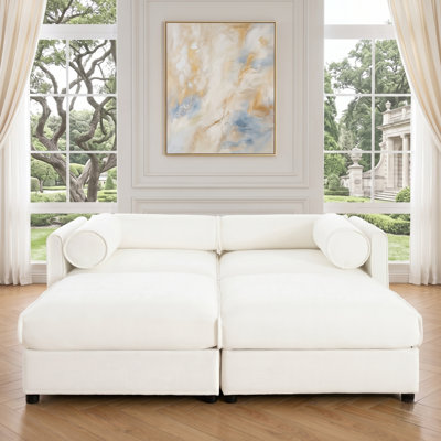 Causeuse modulaire moderne en chenille blanche avec repose-pieds avec accoudoirs cylindriques
