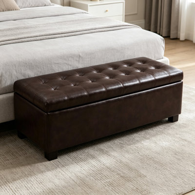 Storage Ottoman, Storage Bench, Tufted Entryway Bedroom Bench, 49.75Inches, Hinges Easy Lid Operation, Wooden Legs, Synthetic Leather, Loads 300 Lb,Brown