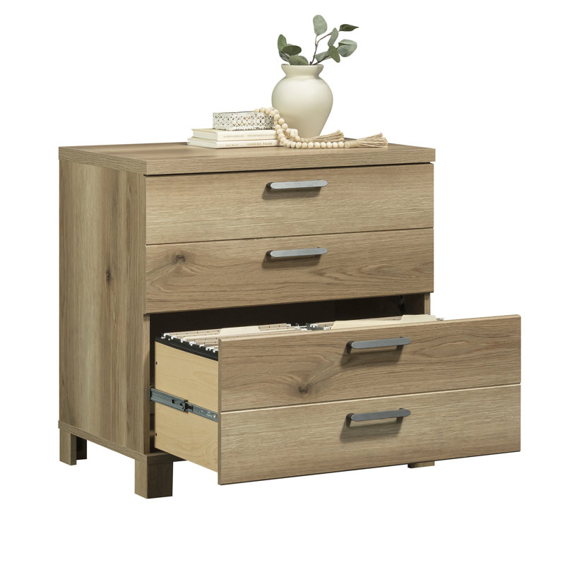 Classeur latéral brun avec conception rustique, fabrication, glissières de tiroir à pleine extension, verrouillage et installation rapide pour les petites surfaces, les espaces de bureau
