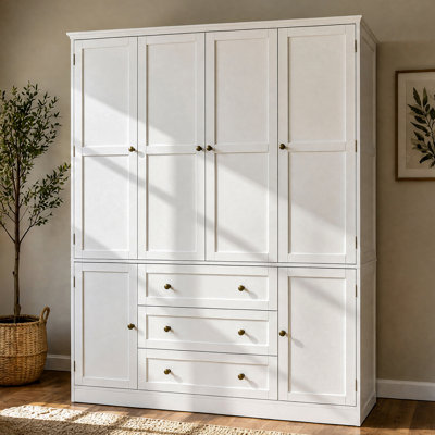 78.7" H Solid Wood Armoire with 6 Doors, 3 Drawers and Clothing Rod, White