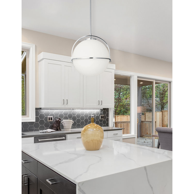 Luminaire suspendu 1 lumière Paola - Verre opale blanc, Chrome poli