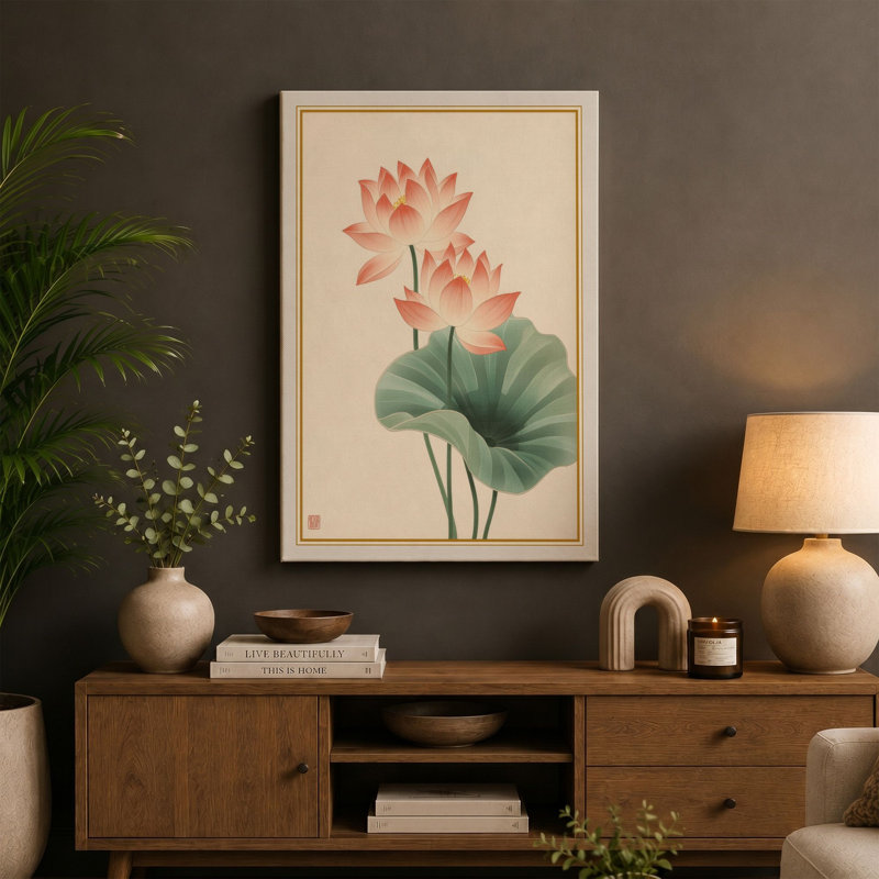 Lotus Blossoms Botanical - Wrapped Canvas, 30x20 - 76.2 x 50.8 cm, Teal Border