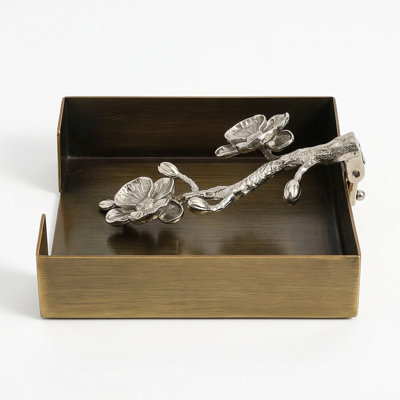 Square Rustic Bronze Napkin Holder With Silver Floral Metal Arm