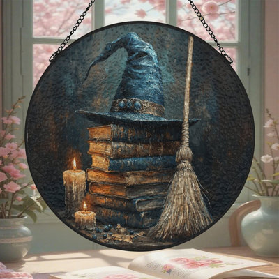 Chapeaux de sorcières, bougies de balai, vitrail, panneaux, vitrail, décoration de fenêtre