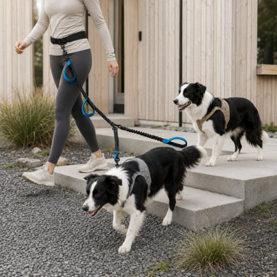 Hands-Free Dual Dog Bungee Leash with Waist Belt and Padded Control Handles