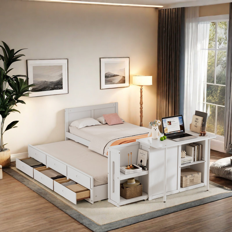 Lit plateforme multifonctionnel à 3 tiroirs avec bureau et lit gigogne, taille simple, Blanc