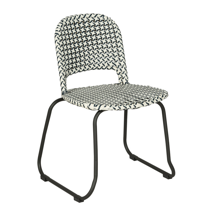 Luna Woven Rattan Outdoor Side Chair, Blue/White Seat/Black Frame