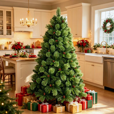 Sapin de Noël artificiel pré-illuminé de 1,80 m, aiguilles de pin en PE et feuillage en PVC avec 978 lumières DEL blanc chaud, 57 pommes de pin, diamètre maximal de 114 cm, base en fer pour la décoration de Noël.
