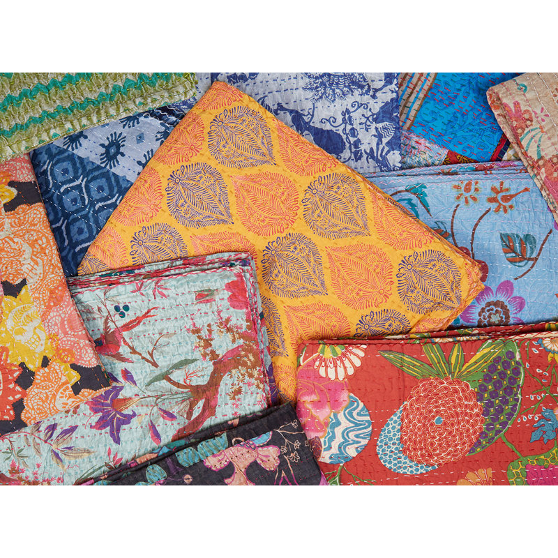 Maroon Yellow and Green Kantha Cotton Floral Throw Blanket with Embroidery