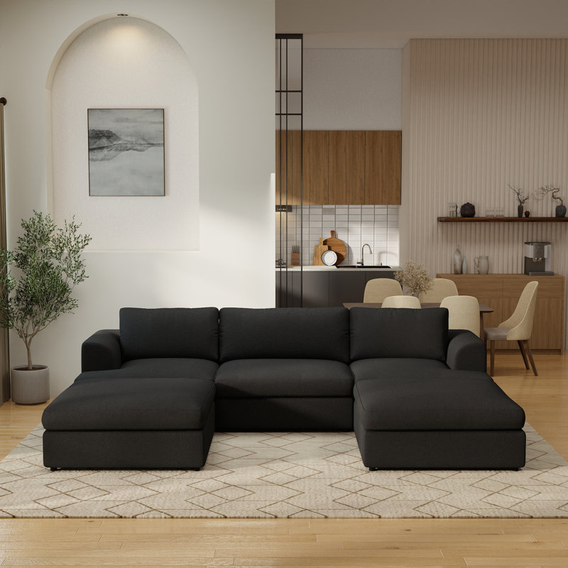 Canapé modulaire rembourré 5 pièces avec repose-pieds Boucle, Black Fabric/Boucle, 26.77" H x 118.11" W x 78.74" D