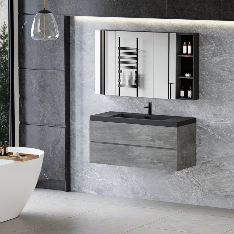 Angela 48" Fully Assembled Single Floating Vanity Wall-Mounted Bathroom Vanity with Integrated Quartz Sink, 2 Drawers, Black