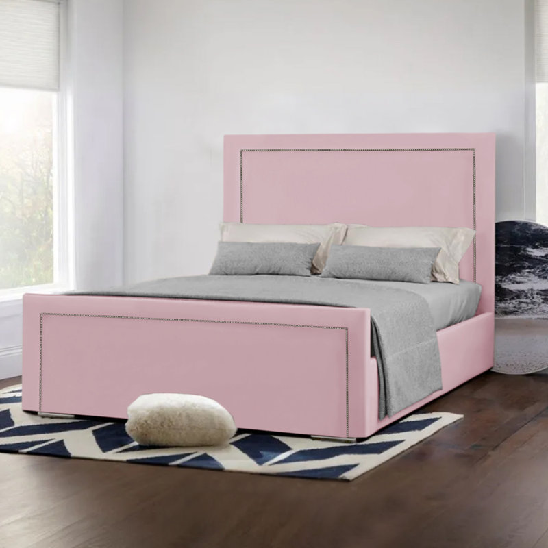 Monaco Studded Bed Upholstered Bed, Pink, Double (4'6)