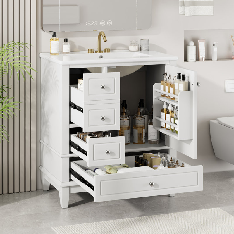 Meuble-lavabo durable en bois massif et en panneau de fibres à densité moyenne avec lavabo en céramique et poignées en métal élégantes, parfaites pour les salles de bain modernes