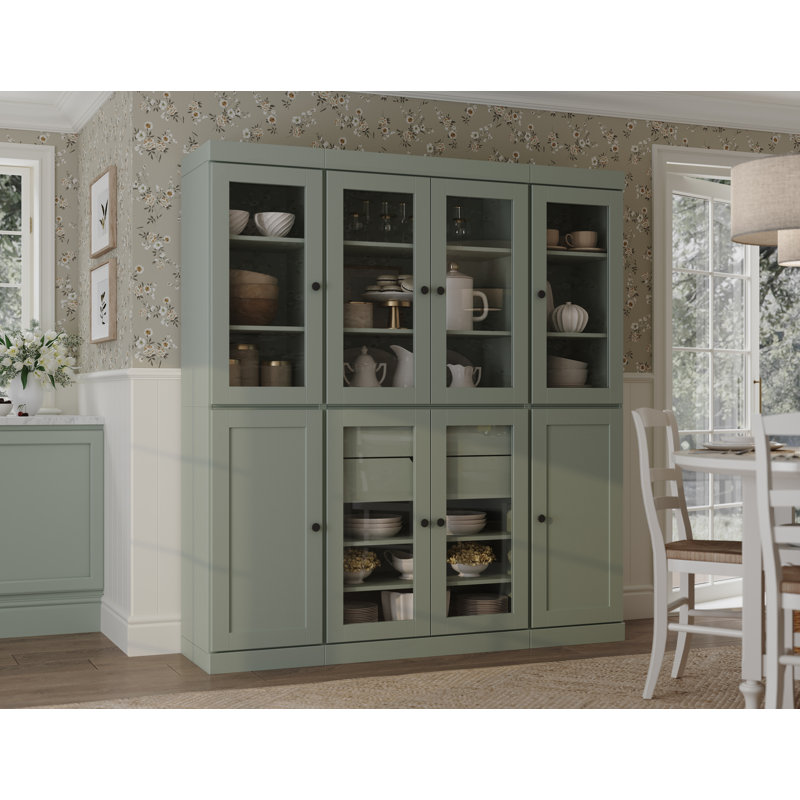 Vaisselier 100% bois massif 65 po avec verre transparent, portes Shaker, 2 tiroirs et tablettes réglables, Sauge