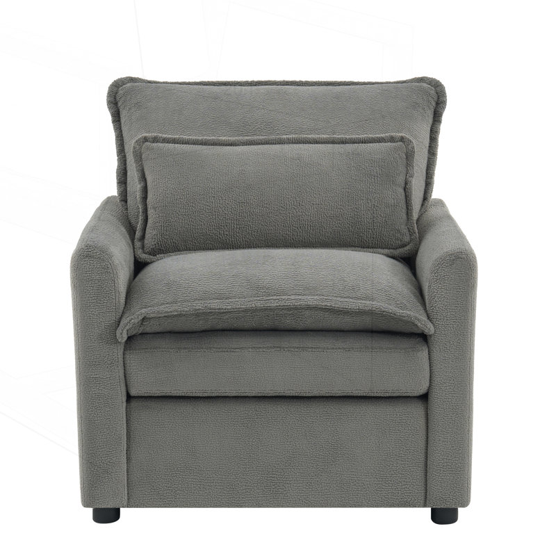 Fauteuil rembourré moelleux avec coussin double couche et poches de rangement latérales, Gris