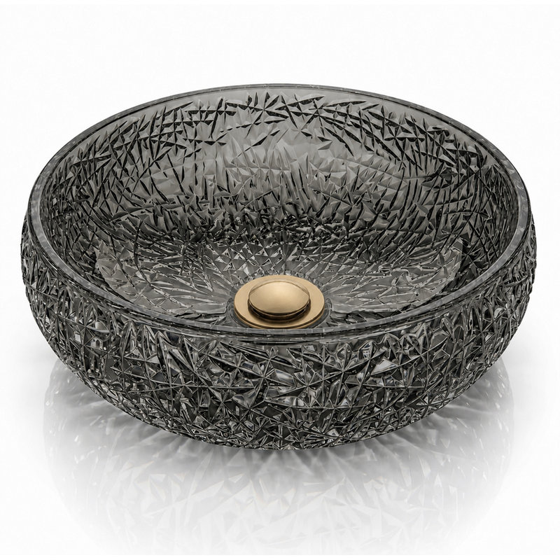 Moonshell 17" Light Black Round Glass Vessel Bathroom Sink with Crystal-Cut Pattern - Clearview Collection, Light Black