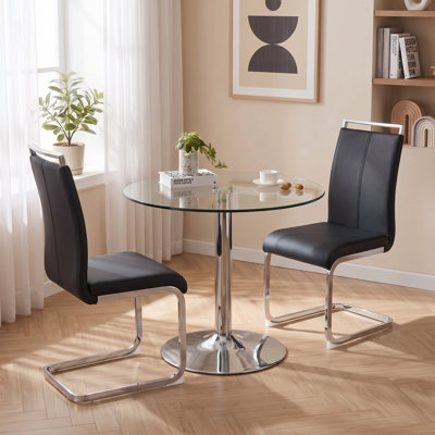 3-Piece 35" Modern Round Tempered Glass Dining Set with Cantilever Chairs for Small Space