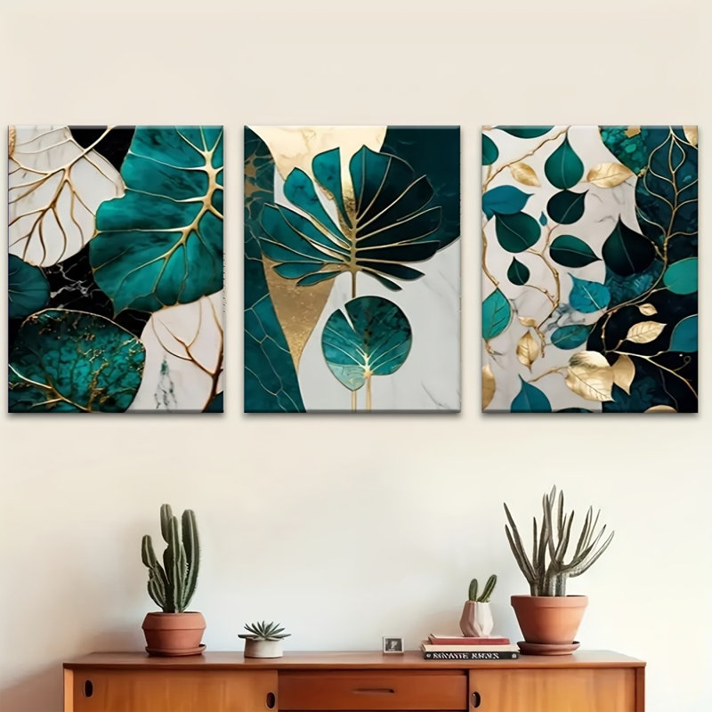 «Glam Teal Leaf», reproduction sur toile 3 pièces - espace de vie élégant, 16 * 12 pouces 3 pièces