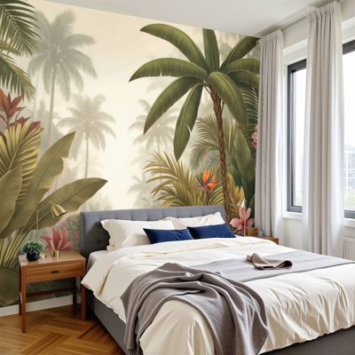 Peel and Stick Wallpaper Tropical Jungle Palm Trees Exotic Flowers Misty Rainforest Atmosphere Wall Murals 100"H x 144"W Removable PVC Wall Paper Self-Adhesive Wall Decor for Bedroom Living Room Home Office