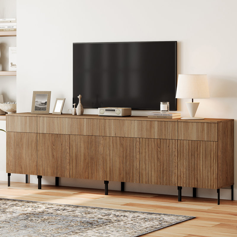 Aadham 94.5" Modern Reeded TV Stand With Doors, Entertainment Center With Shelf, Wooden TV Console With Drawers For Living Room