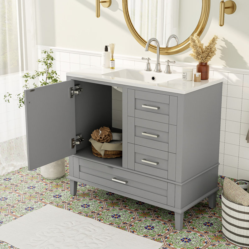 36" Bathroom Vanity with Solid Pine Frame, Gray