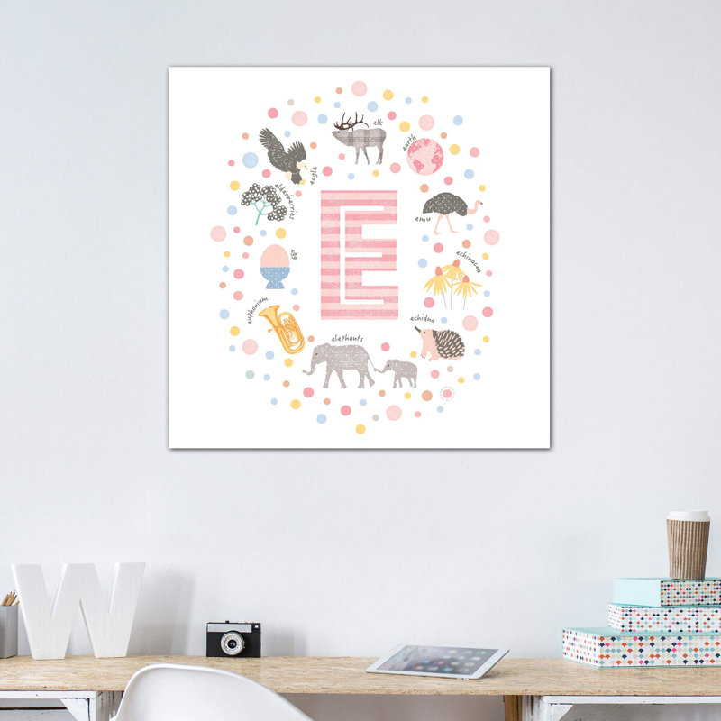 Lettre illustrée E rose - impression, Toile tendue, Pas de tapis, H 37 po x l 37 po x P 1,5 po