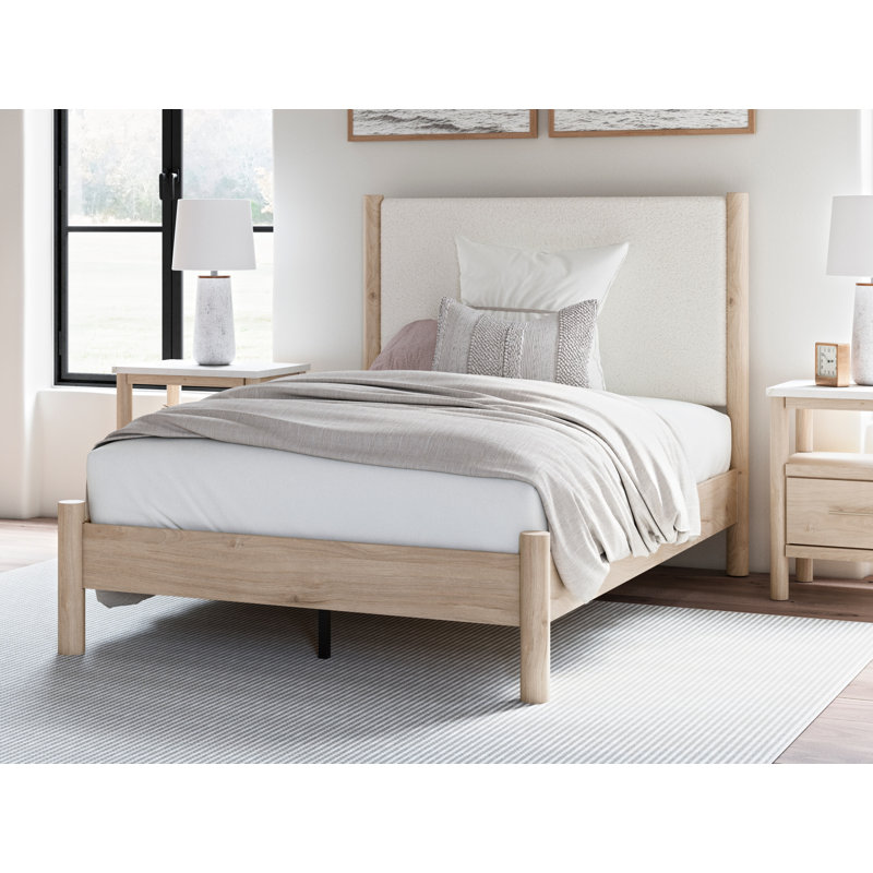 Cadmori Full Upholstered Panel Bed, Beige/White, Full / Double