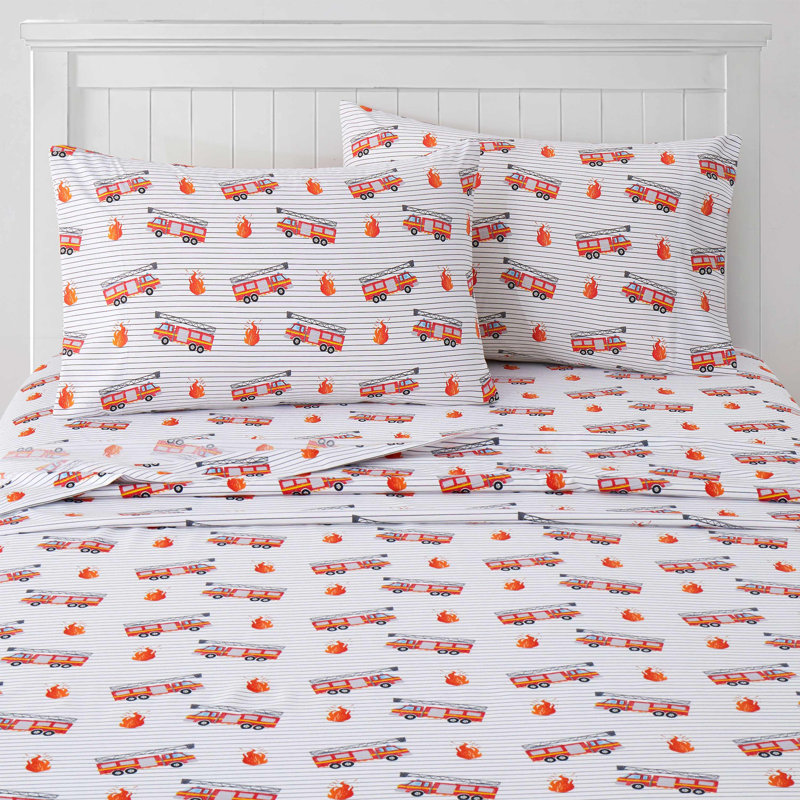 Fire Truck Print Microfiber Kids' Full Sheet Set