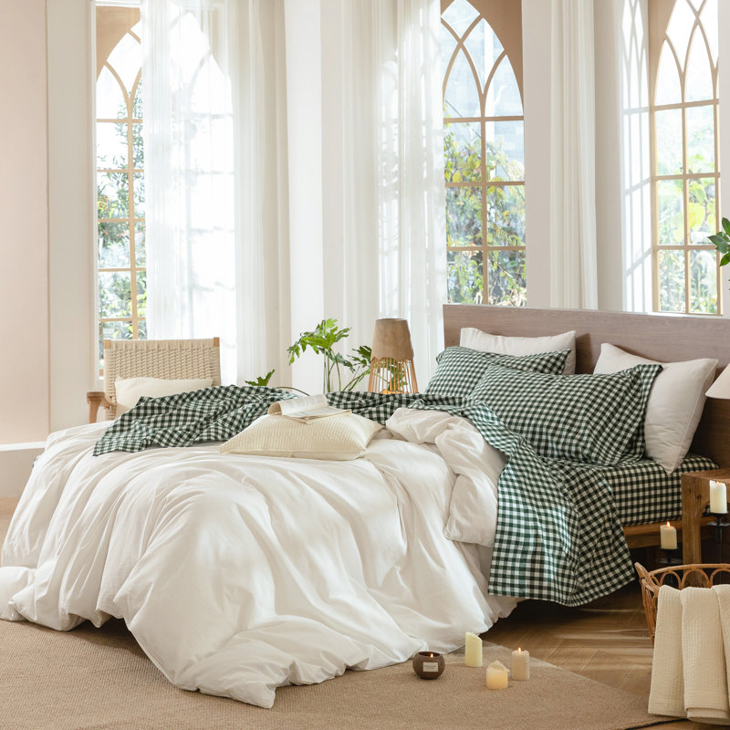 Ensemble de draps 100% coton lavé MooMee, Ensemble de draps pour grand lit avec 2 taies d'or, Vert forêt