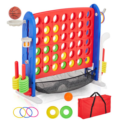 Ensemble de jeu de plancher géant 4-en-1 - Hauteur réglable Connect, Basketball, Golf, Ring Toss - Sac de rangement en filet - Jeu familial intérieur / extérieur pour enfants et adultes - Version États-Unis