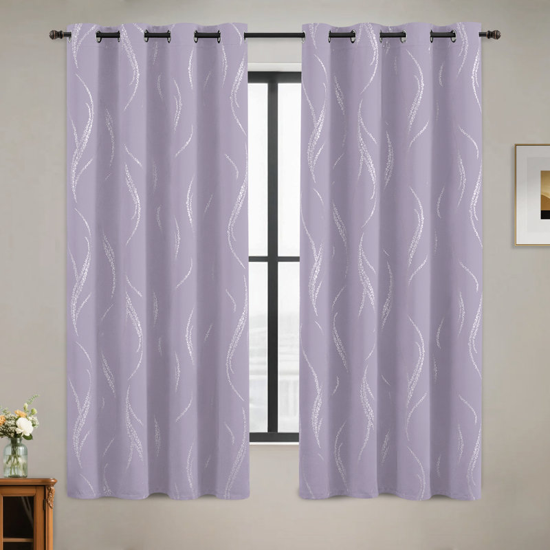 100% Blackout Thermal Insulated Curtains - Wave Line with Dots Silver Print, Grommet Top, 2 Panels, 52" W x 72" H, Lilac